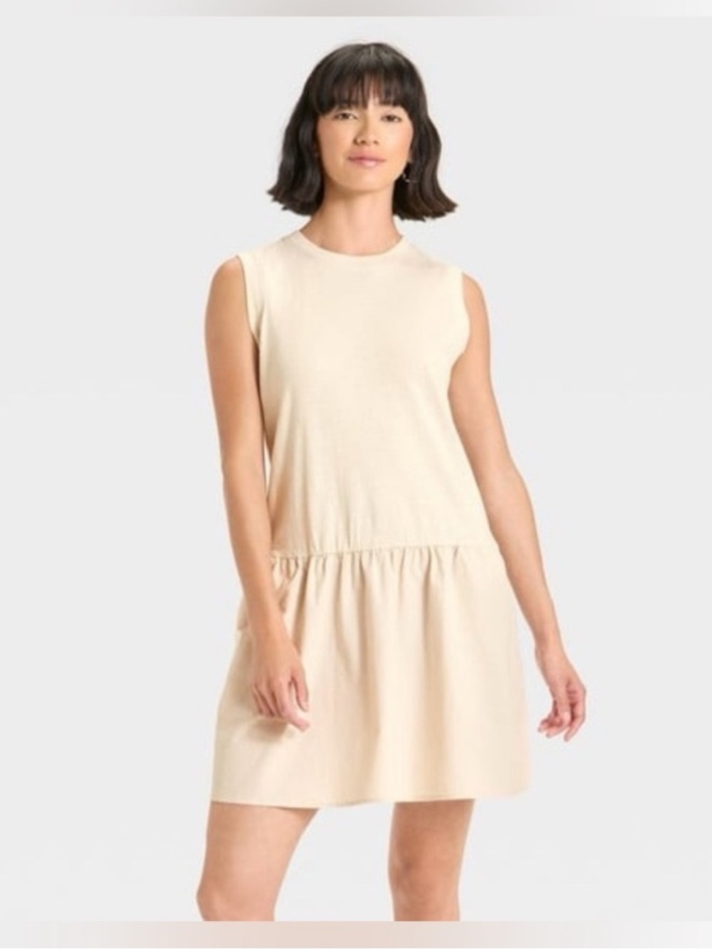 Universal Thread Womens Cream Sleeveless Drop Waist Mixed Media Mini Shift Dress